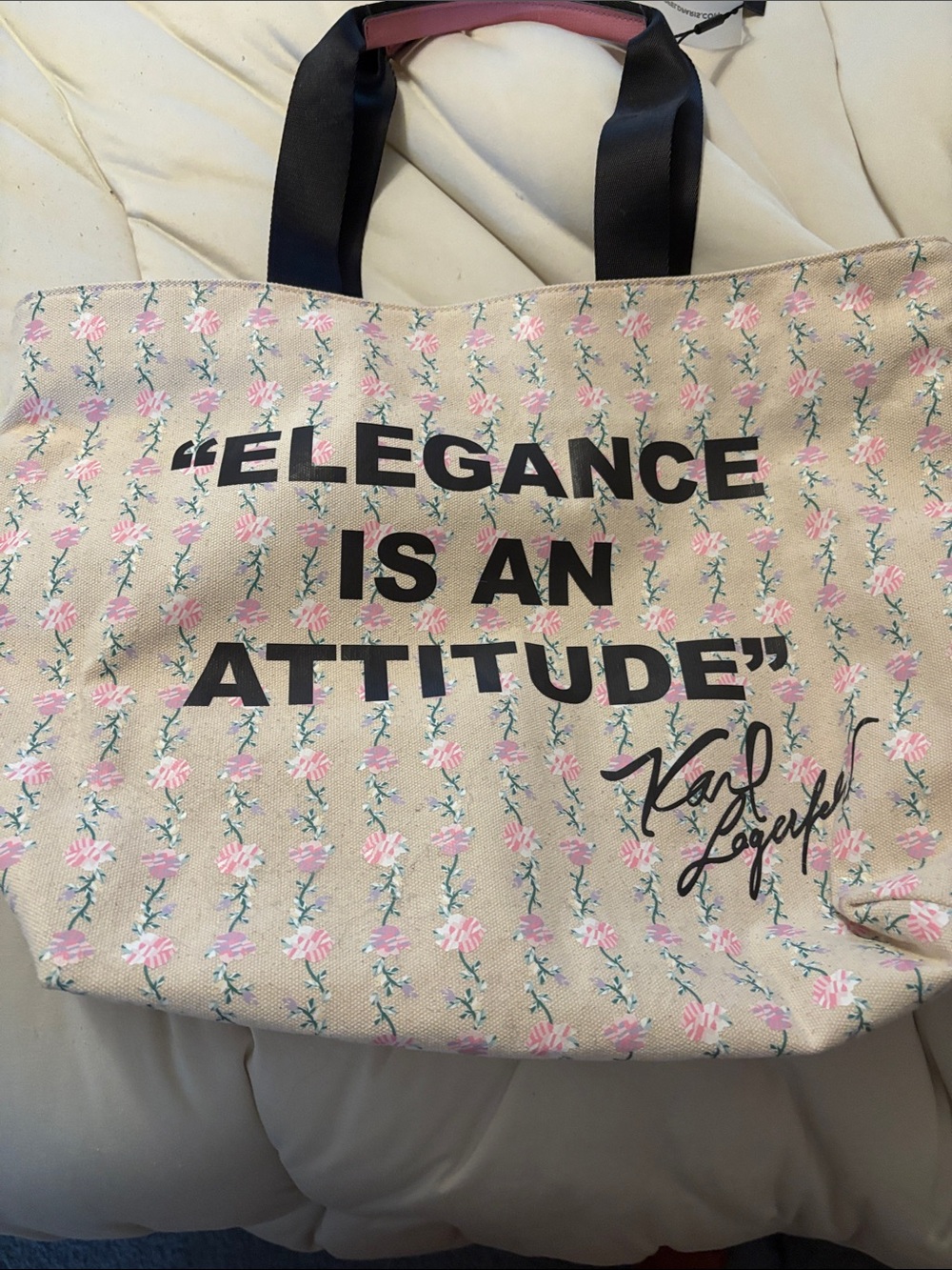 Karl Lagerfeld Beige Tote with Pink Floral Print and Black Slogan